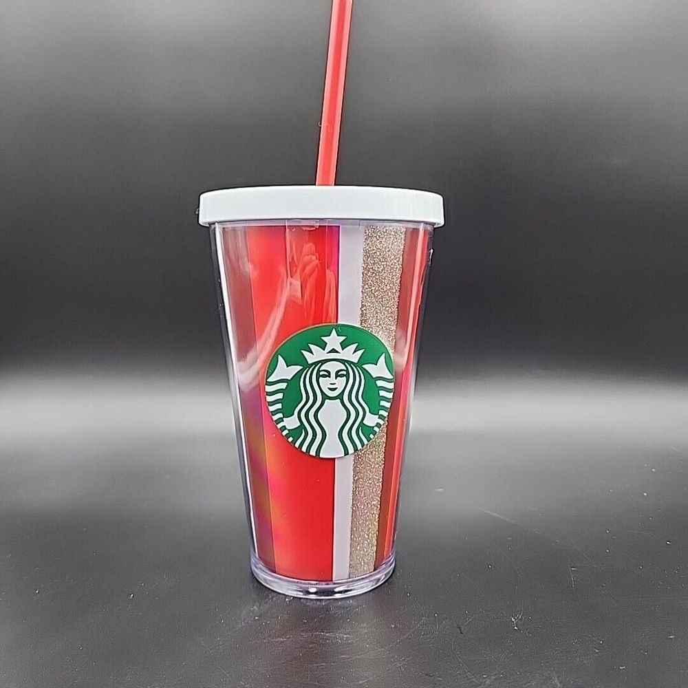 Starbucks Insulated Tumbler Cup Grande GLITTER STRIPED 2018 16 oz. New